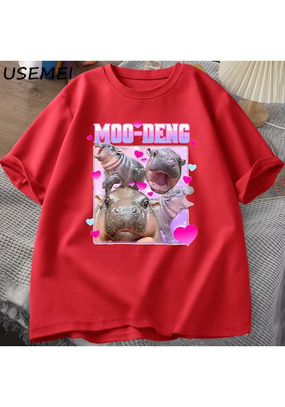 Flood Of Style Komik Moo-deng Bebek Pygmy Hippo Sevimli Hayvanat Bahçesi T Shirt Adam Kadın Nedensel Pamuk K Kırmızı