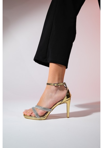 Luvishoes Laredo Altın Taşlı Kadın Platform Topuklu Abiye Ayakkabı