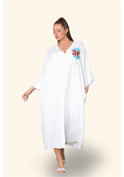 Veraura Lifestyle Beyaz V Yaka Sırtı Ve Göğsü Çiçek Nakışlı Cepli Oversize Uzun Gömlek Elbise