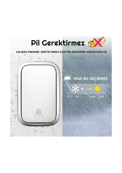 2 Alıcılı Su Geçirmez Kablosuz Led Kapı Zili Beyaz Prizli, Pil Gerektirmez, Uzun Mesafe, 60 Melodi
