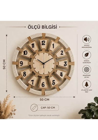 50 Cm Makrome Detaylı Dekoratif Duvar Saati Atlantik Çam Mdf Modern Salon Saati Diğer