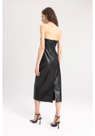 DeFacto Bodycon Vücudu Saran Straplez Basic Düz Yırtmaçlı Suni Deri Midi Elbise C2284AX24SPBK27