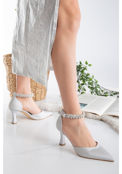 Seribo Bilek Taş Detaylı Arkası Açık Stiletto Kadın Topuklu Ayakkabı GÜMÜŞ