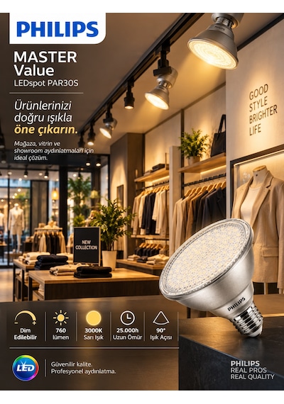 12 Adet Philips 9.5w 3000k Sarı Işık E27 Duylu 760 Lümen Dim Edilebilir Par30 Ampul