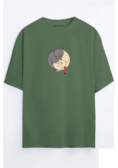Ying Yang Kedi Baskılı Unisex Haki Oversize T-shirt Haki