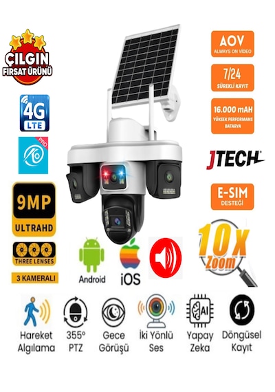 O-kam Ok-301 Premi Um 3+3+3 Aov 9mp 4g Si M Kartlı Solar Panelli 3 Lens 1 Alert Ptz Akıllı Kamera