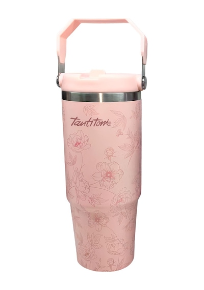 Tnt-gıng V200desap-açık Pembe Desenli Paslanmaz Çelik Tutmalı Pipetli Termos Bardak 900ml