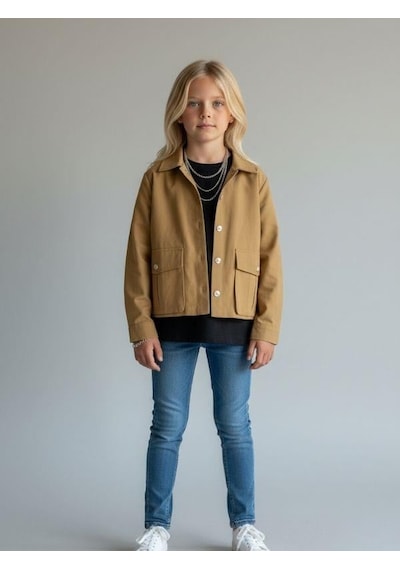 Zekids Kız Çocuk Düğme Detaylı Paraşüt Kumaş Ceket-16954 Kahverengi