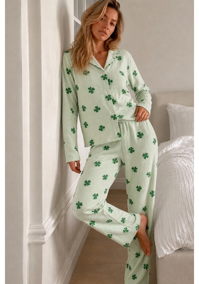 Womanandkids Yeşil Kadın Desenli Düğmeli Uzun Kollu Pijama Takımı
