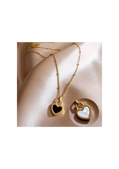 Shade - Çift Taraflı Siyah Beyaz Kalp Paslanmaz Çelik Unisex 14 Şubat Özel Tasarım Hediye Kolye Gold