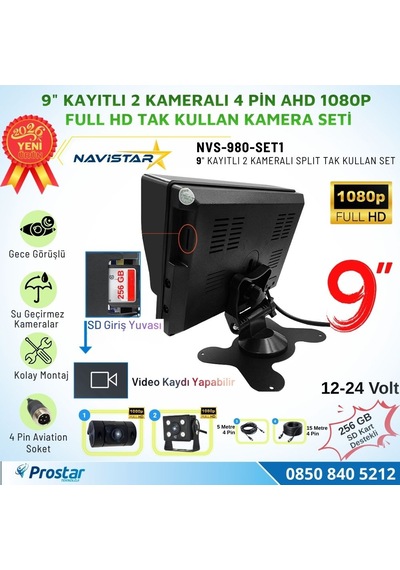 9 İnç Geniş Ekran Kayıtlı 1080p Full Hd 2 Kameralı Araç Güvenlik Ve Geri Görüş Seti 12-24v