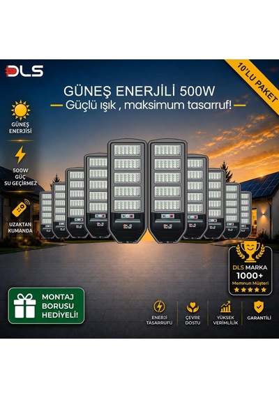 10'lu Paket Dls 500w Güneş Enerjili Solar Sokak Lambası Hareket Sensörlü Led Bahçe Aydınlatması