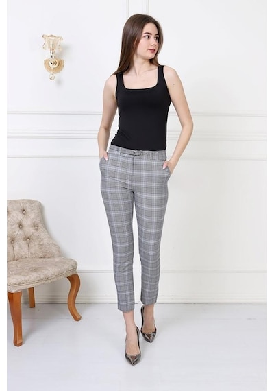 Bluence Beli Ince Kemerli Dar Paçalı Ekose Kumaş Pantolon Gri