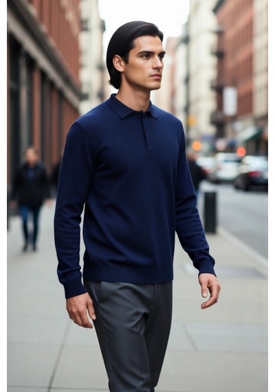 Ersefa Erkek Smart Casual Polo Yaka Düz Triko Kazak Kış Kombinlerine Mod Lacivert