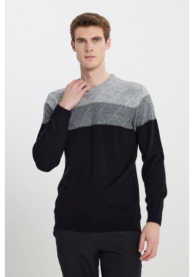 AC&Co / Altınyıldız Classics Erkek Grı-sıyah Standart Fit Normal Kesim Bisiklet Yaka Colorblock Desenli Triko Kazak Grı-sıyah