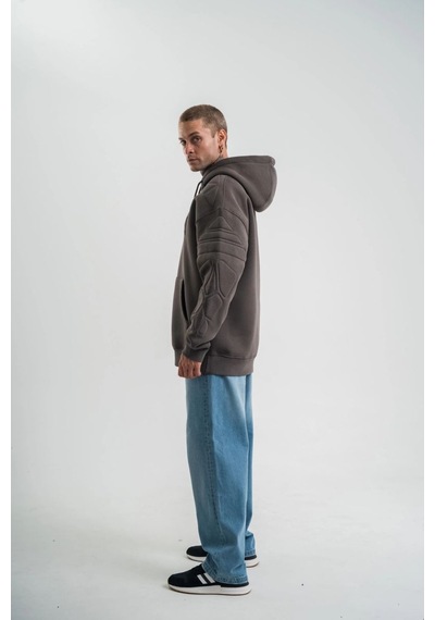 Mbb E-ticaret Erkek Nakışlı Kapüşonlu Oversize 3 İplik Pamuklu Sweatshirt Hoodie - Füme