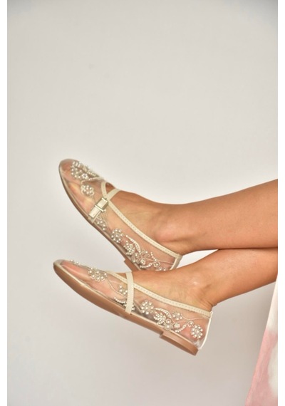 Fox Shoes Y726330115 Bej İnci Detaylı File Kadın Babet