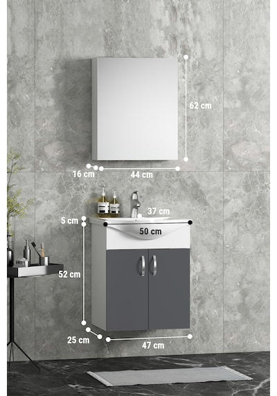 Yıldız 50 Cm Antrasit Gri Mdf Seramik Lavabolu Asma Banyo Dolabı Takım Beyaz-antrasit Gri Mat