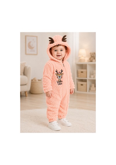 Tatlı Geyik Nakışlı Welsoft Peluş Kapüşonlu Fermuarlı Kışlık Unisex Bebek Tulumu 40212 Somon