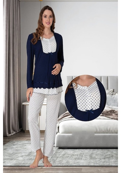 Lohusa Homewear Kadın Lacivert Puantiyeli Özel Tasarım Hamile Lohusa Pijama Takımı Lacivert