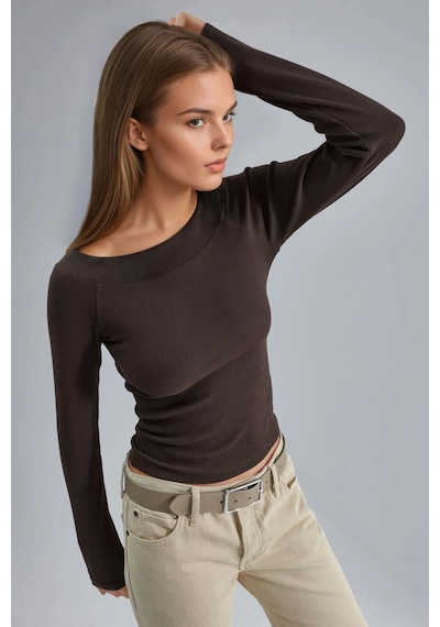 Hiccup Busem Slim Fit Fitilli Kayık Yaka Bluz Kahve Kahvesi