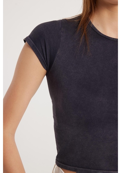 Tudors Kadın Slim Fit Dar Kesim Düz Basic Bisiklet Yaka Antrasit Tişört-33682 Antrasit