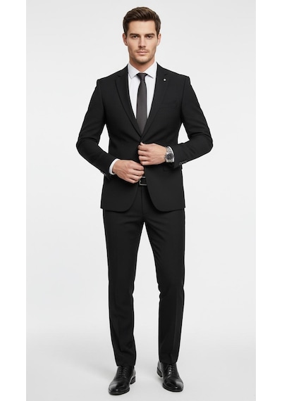 Erkek Slim Fit Mikro Desenli Takım Elbise 2 Düğmeli Çift Yırtmaçlı Modern Ceket Pantolon Takım Siyah