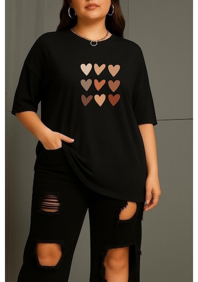 Büyük Beden Sıralı Kalpler Baskılı Unisex Tişört SIYAH