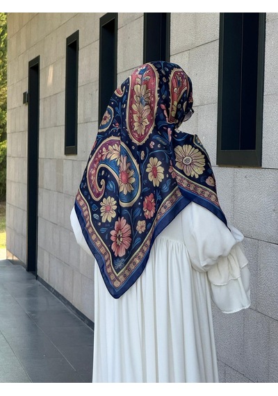 Qalortex Scarf Pamuklu Vintage Desen Eşarp-lacivert
