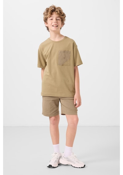 Koyu Bej-camel Pamuklu Oversize Fit Dokuma Hafif Esnek Chino Erkek Çocuk Şort Takım - 11278 Koyu Bej