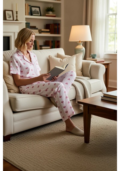 Benerly Kadın Müslin Dokuma Gömlek Yaka Kısa Kol Kalp Desenli Pijama Takı Pembe Benerly Kadın Müslin Dokuma Gömlek Yaka Kısa Kol Kalp Desenli Pijama Takı Pembe