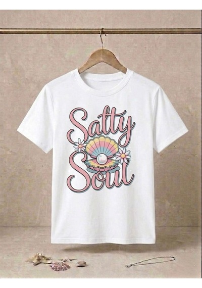 Retro İstiridye Ve İnci Baskılı Kompakt T-shirt Beyaz
