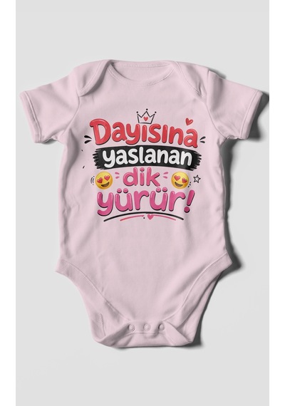 Morivokids Dayısına Yaslanan Dik Yürür Kısa Kollu Bebek Body %100 Pamuk Zbn255-kk Bebe Pembe
