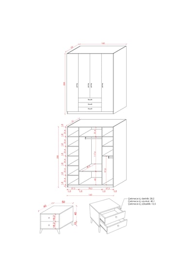 Yatak Odası Takımı 5 Parça %100 Mdf Gardırop Şifonyer Makyaj Masası Komodin Ytk03