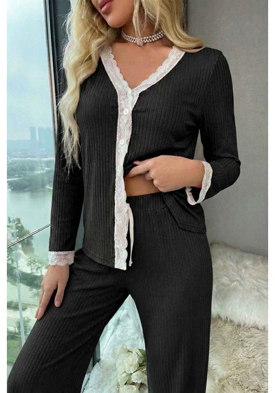 Merry See Ribanalı Dantel Detay İki Parça Pijama Takım Siyah