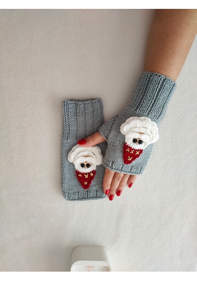 Newdaycraft El Örgüsü Motifli Parmaksız Eldiven / Bileklik - Gri Noel