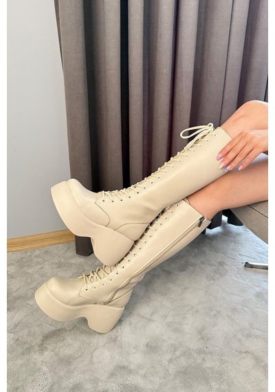 Preshley Kadın Bellina Bej Cilt Bağcık Detaylı Fermuarlı 9 Cm Topuklu Platfomlu Çizme Bej