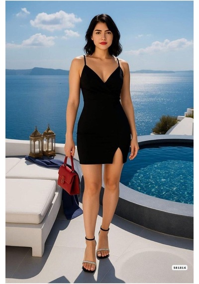 Store V Yırtmaçlı Yaka Mini Elbise Askılı Abiye Yeşil - 935897729 Yeşil