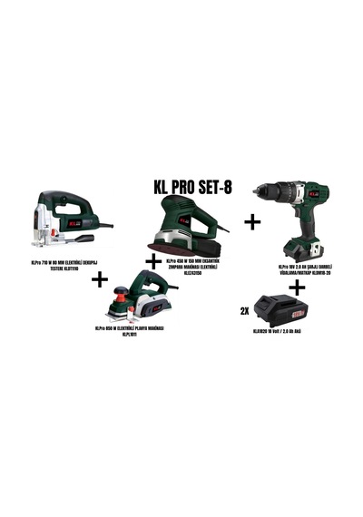 Klpro Set-8 710W 80 MM Elektrikli Dekupaj Testere + 850W Planya Makinesi + 450W 150 MM Eksantrik Zımpara + Şarjlı Darbeli Matkap