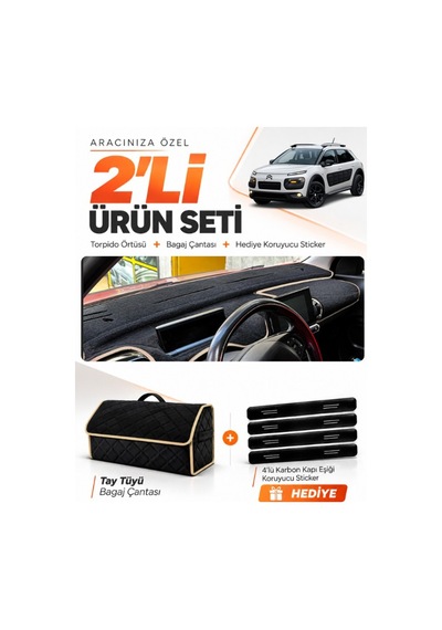 Cıtroen Cactus 2014-2017 Uyumlu Torpido Örtüsü + Tay Tüyü Bagaj Çantası + Sticker Seti - Siyah Bej