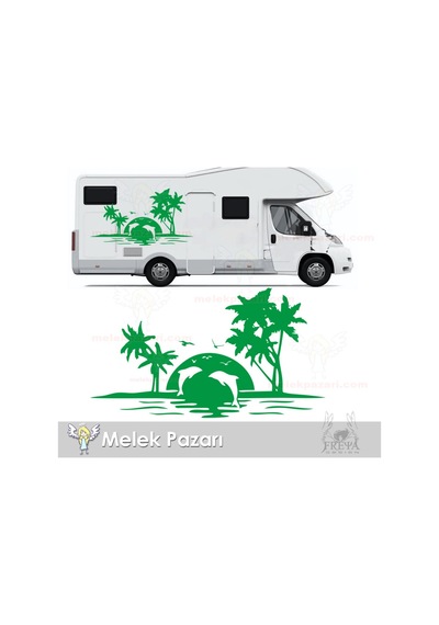 Yunuslar Ve Palmiye Kamp Karavan Sticker, Karavan Çıkartma
