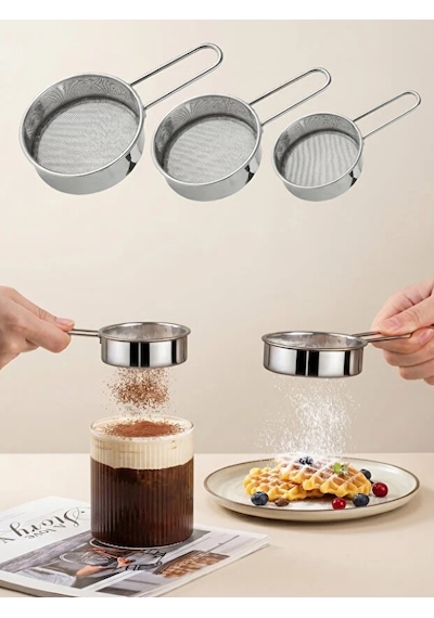 Mucit Home Kakao Pudra Şeker Eleme Süzgeç Seti Tramisu Süsleme Kakao Süzgeçi İnce Delikli Gri