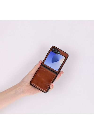 Samsung Galaxy Z Flip6 Uyumlu, Hakiki Deri, El Yapımı Arka Kapak Gölgeli Taba
