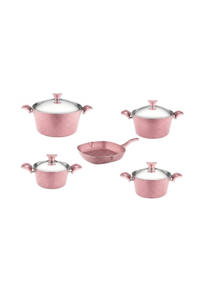 9 Parça Granit Set Çelik Kapak - Pembe Pembe