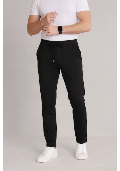 Bürke Erkek Siyah Beli Lastikli Bağcıklı Duble Paça Jogger Pantolon