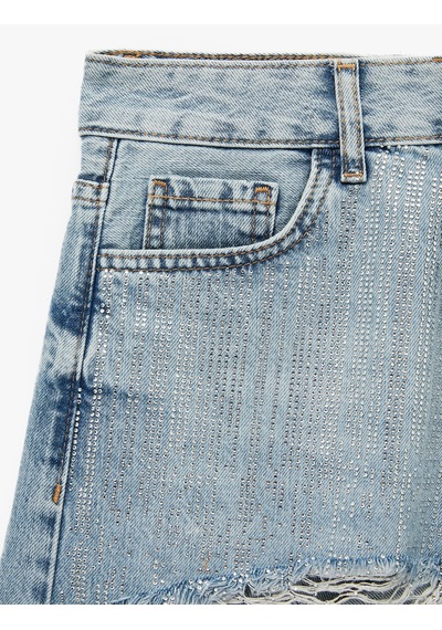 Koton Yüksek Bel Yıpratma Detaylı Taşlı Mini Denim Şort Orta İndigo 6sal40241md