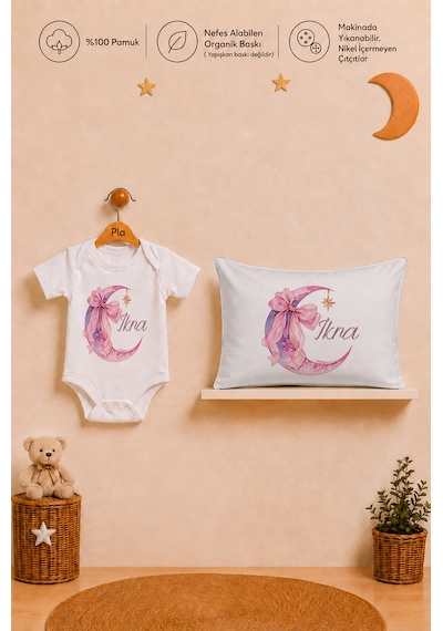 Pia Baby İsme Özel Kız Bebek Hediyesi %100 Pamuk Organik Baskılı Body Yastık Kılıfı Ve Ham Bez Kıyafet Kesesi 1068byk3x Ekru