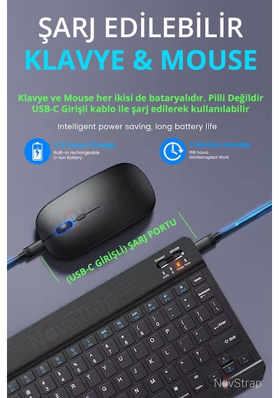 Novstrap Apple Uyumlu iPad Air 11 İnç / Pro 11 M3/m2 Çip 2025-2024 İle Bluetooth Klavye Mouse Seti Siyah Optik