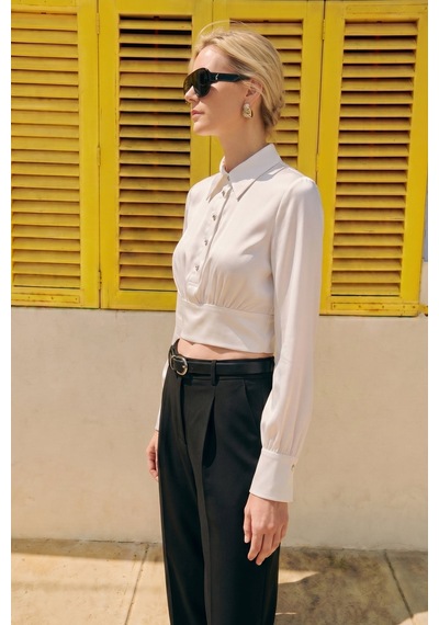 Sateen Düğme Detaylı Saten Bluz - Ekru-137516
