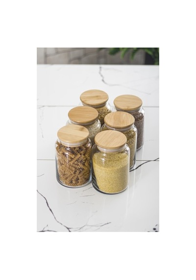 6 Lı Set Bambu Kapaklı Cam Kavanoz & Erzak Saklama Kabı 800 Ml Orta Boy Vakum Kapak Düz Renkli